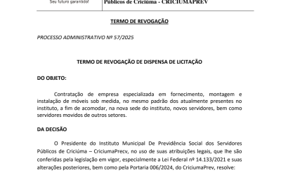Revogação do processo N°57/2025, de dispensa de licitação